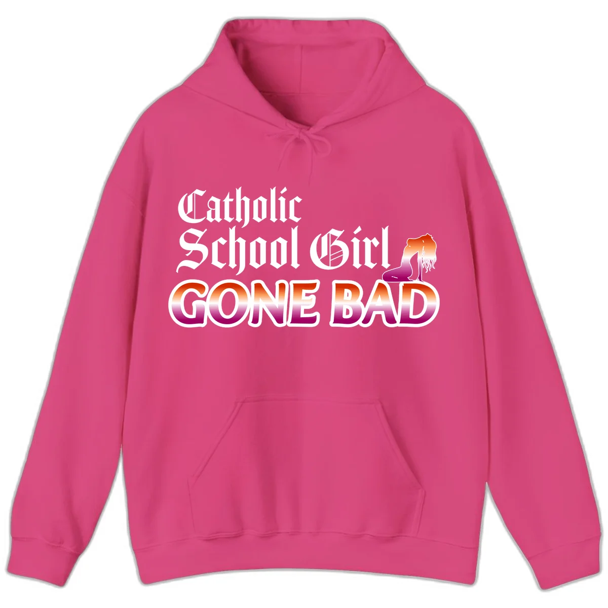 Catholic school girl gone bad design with gothic lettering in orange-to-pink gradient and silhouette figure illustration in Heliconia