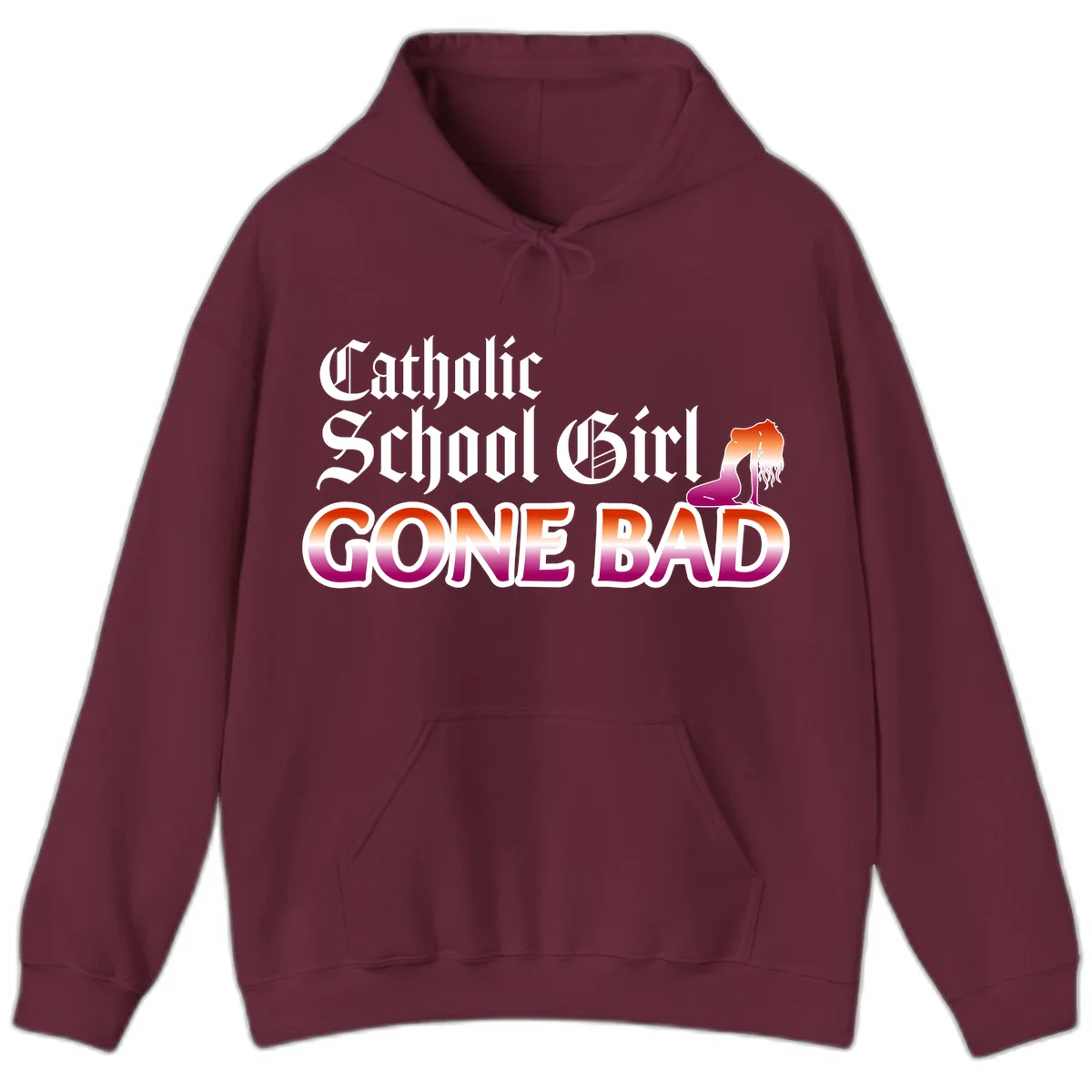 Catholic school girl gone bad design with gothic lettering in orange-to-pink gradient and silhouette figure illustration in Maroon