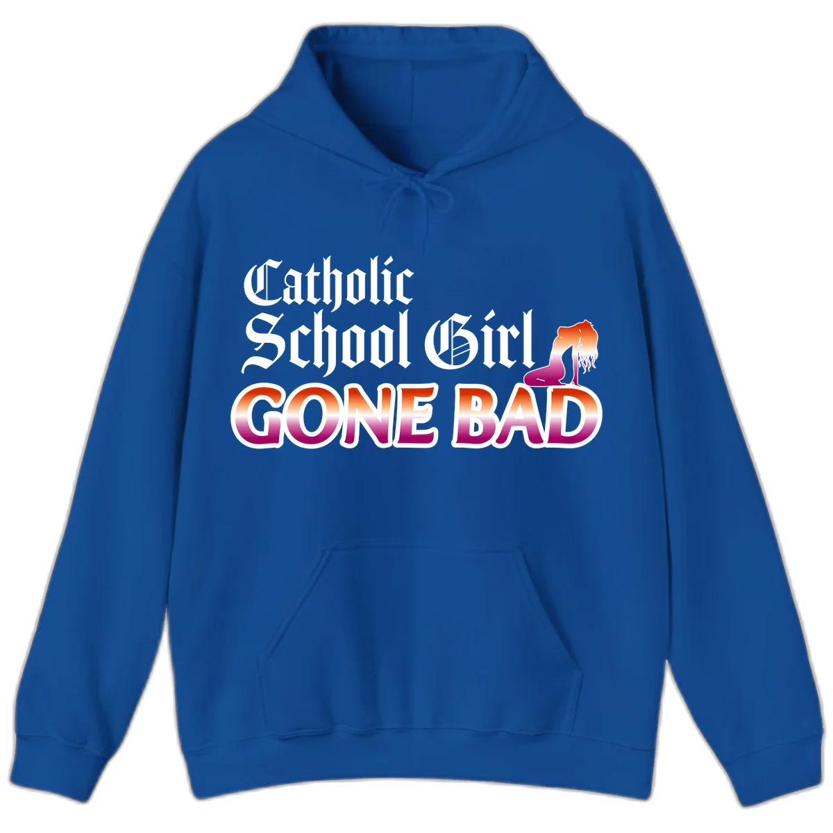 Catholic school girl gone bad design with gothic lettering in orange-to-pink gradient and silhouette figure illustration in Royal