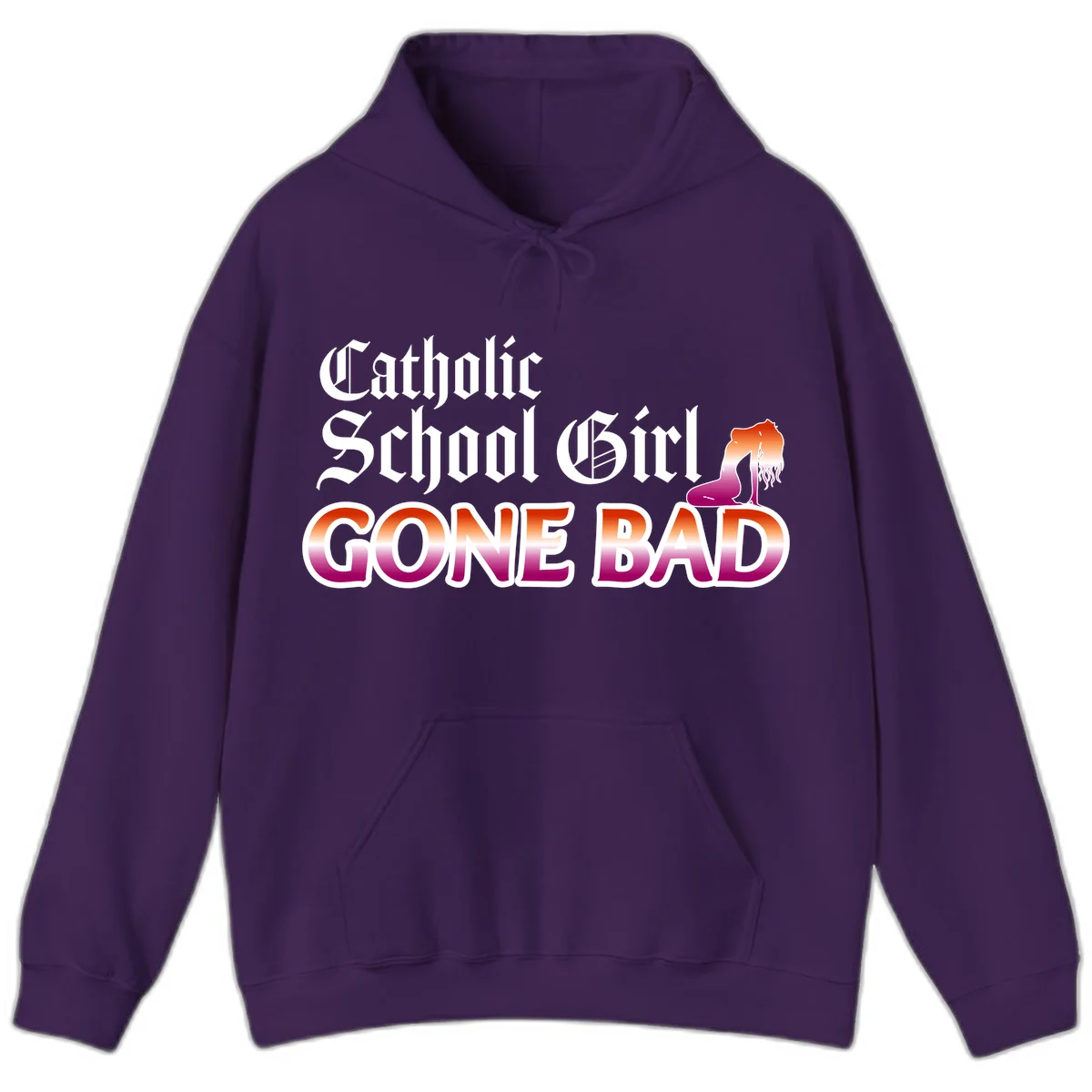 Catholic school girl gone bad design with gothic lettering in orange-to-pink gradient and silhouette figure illustration in Purple