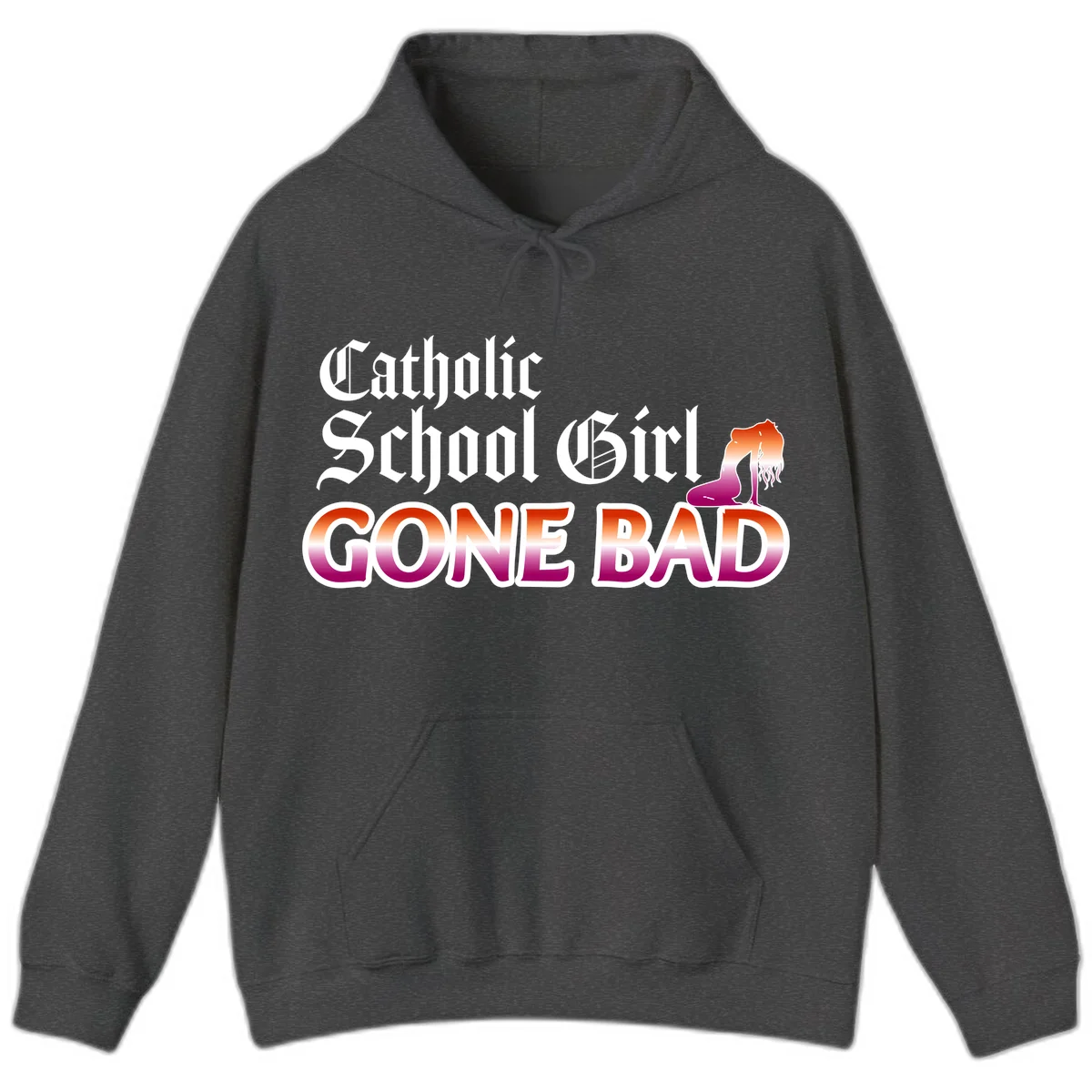 Catholic school girl gone bad design with gothic lettering in orange-to-pink gradient and silhouette figure illustration in Dark Heather