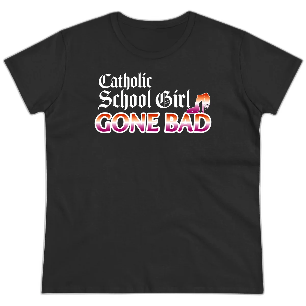 Catholic school girl gone bad design with gothic lettering in orange-to-pink gradient and silhouette figure illustration in Black
