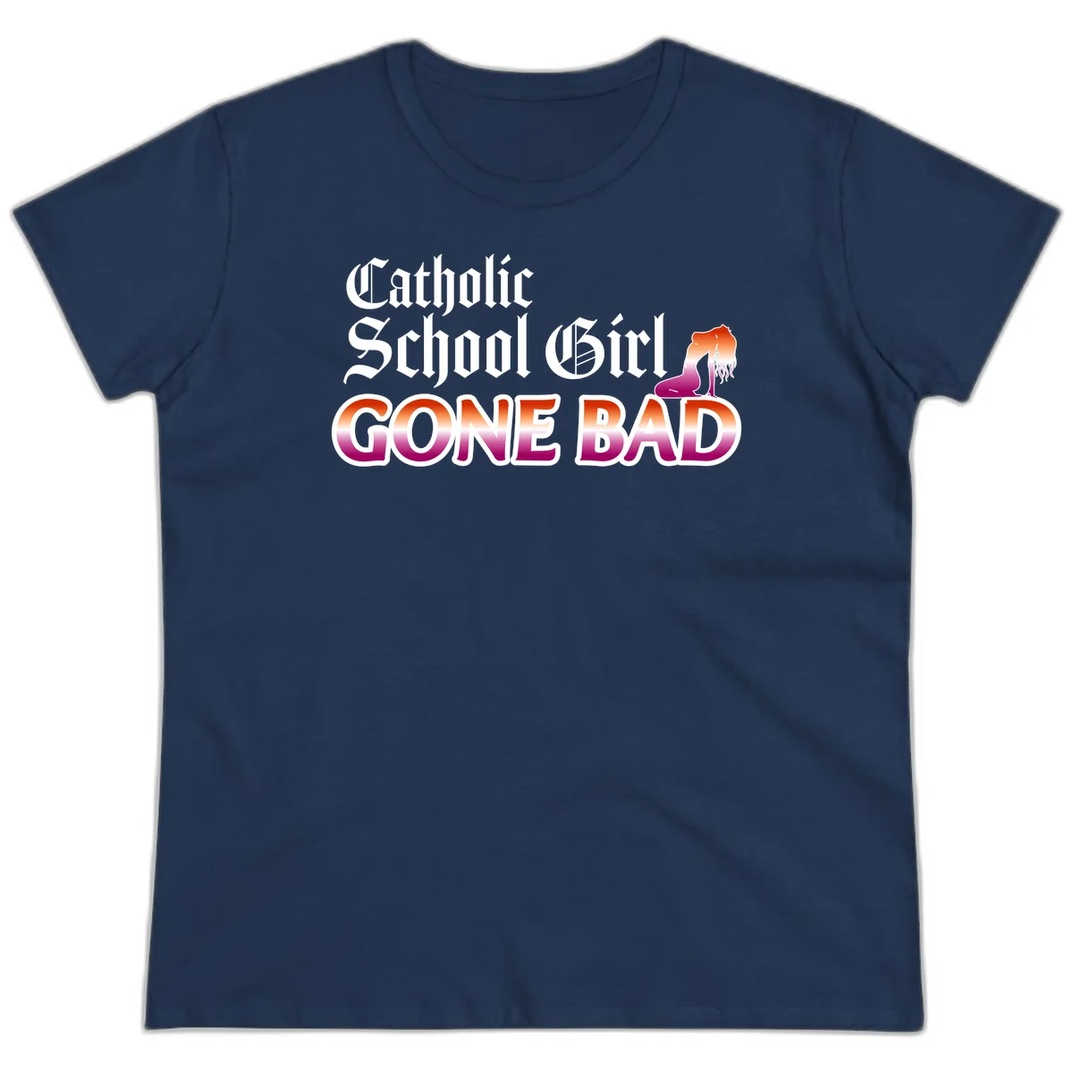 Catholic school girl gone bad design with gothic lettering in orange-to-pink gradient and silhouette figure illustration in Navy