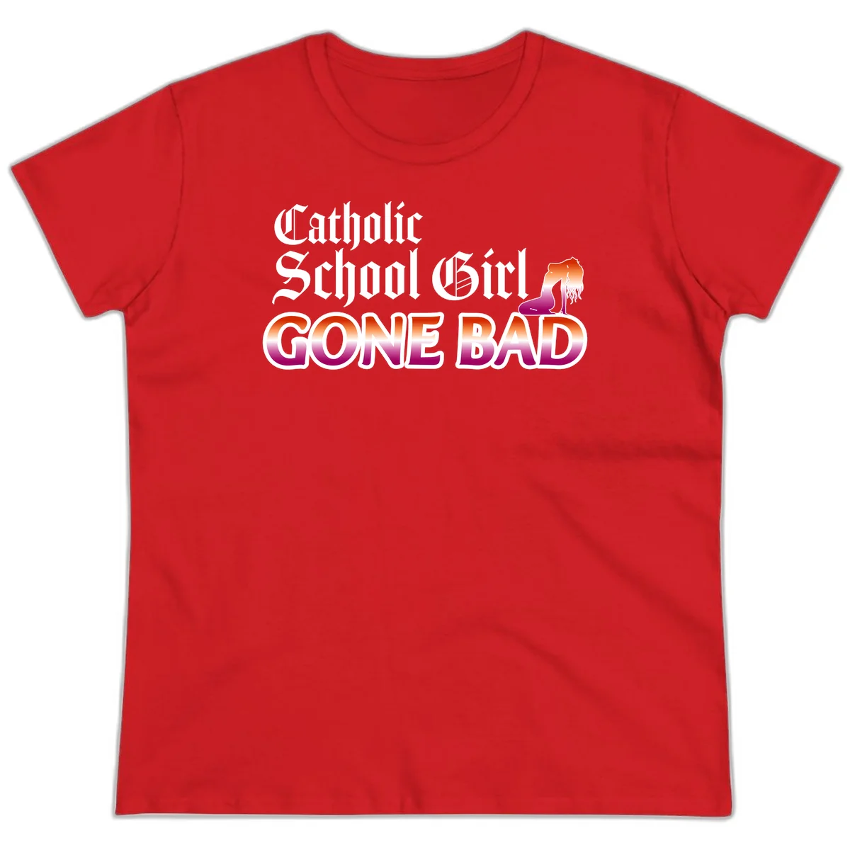 Catholic school girl gone bad design with gothic lettering in orange-to-pink gradient and silhouette figure illustration in Red
