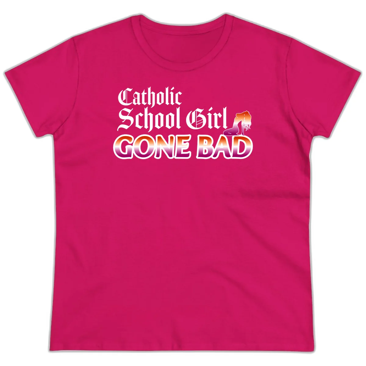 Catholic school girl gone bad design with gothic lettering in orange-to-pink gradient and silhouette figure illustration in Heliconia
