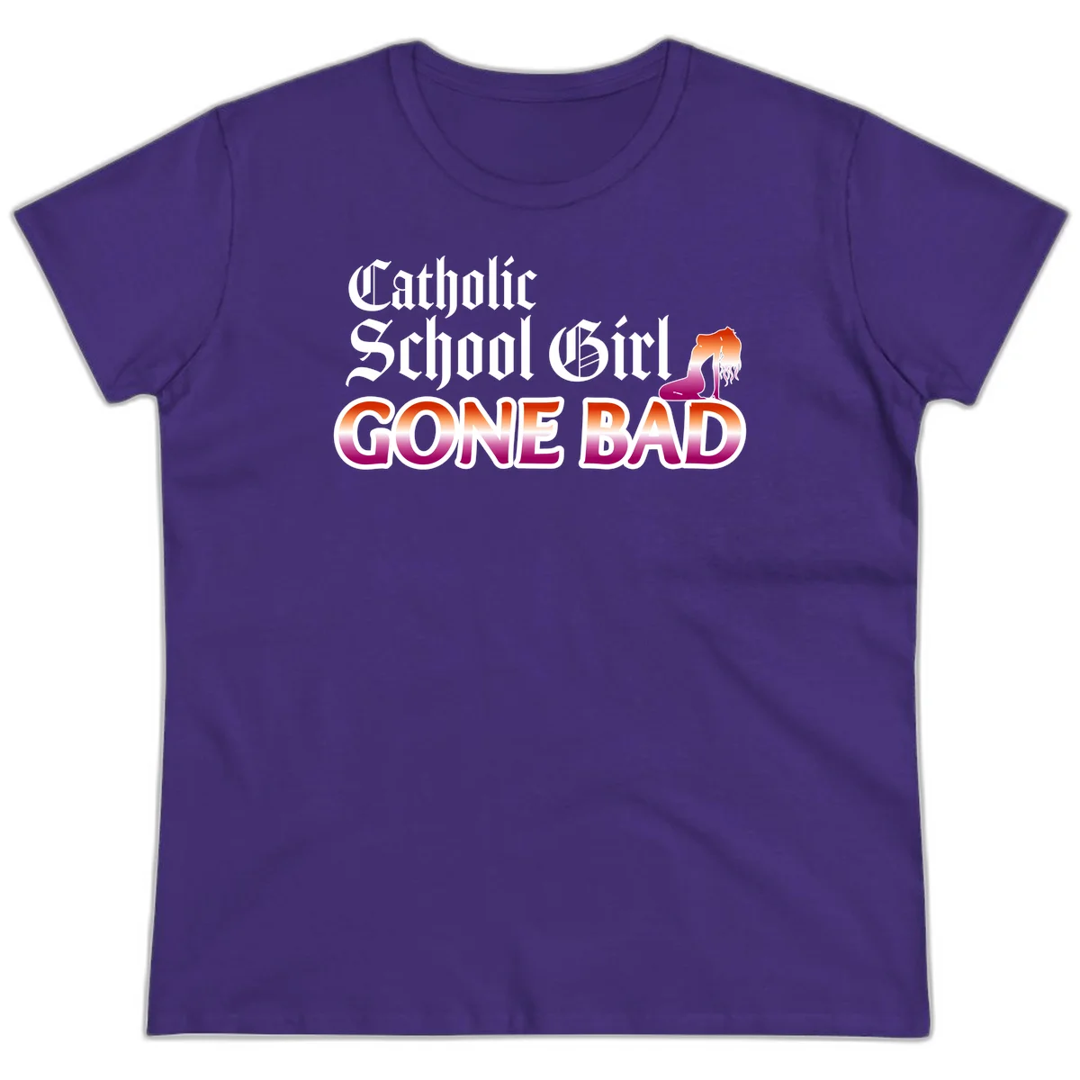 Catholic school girl gone bad design with gothic lettering in orange-to-pink gradient and silhouette figure illustration in Purple