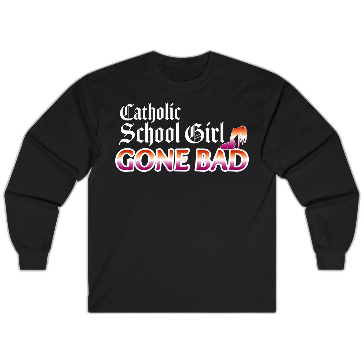 Catholic school girl gone bad design with gothic lettering in orange-to-pink gradient and silhouette figure illustration in Black