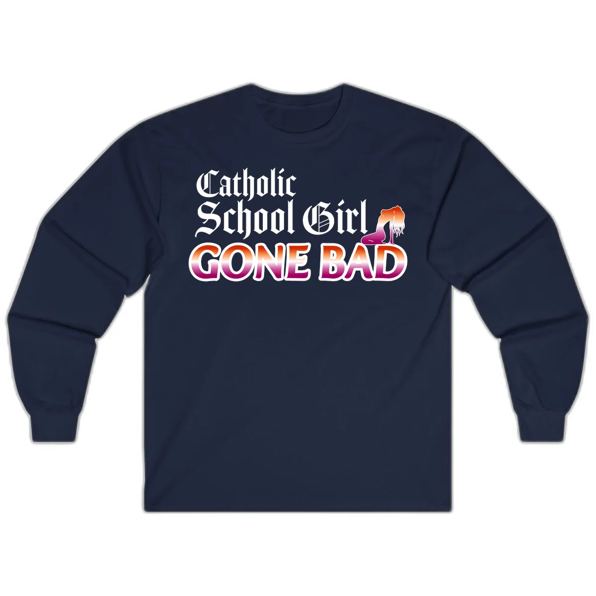 Catholic school girl gone bad design with gothic lettering in orange-to-pink gradient and silhouette figure illustration in Navy