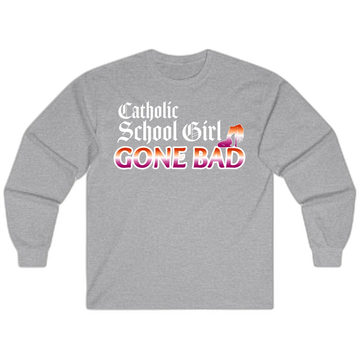 Catholic school girl gone bad design with gothic lettering in orange-to-pink gradient and silhouette figure illustration in Sport Grey