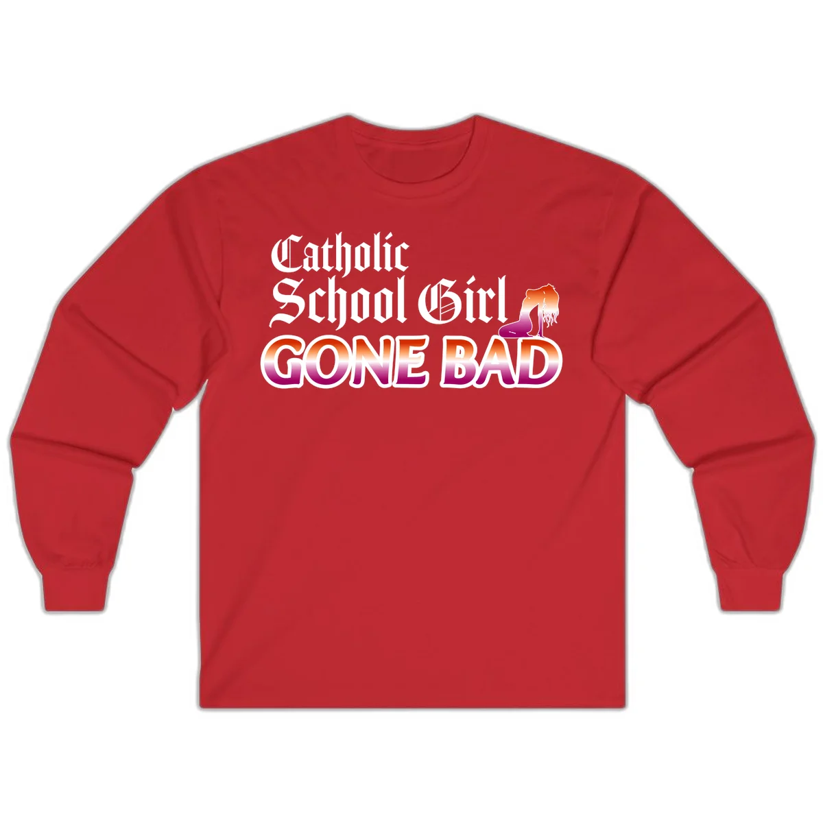 Catholic school girl gone bad design with gothic lettering in orange-to-pink gradient and silhouette figure illustration in Red