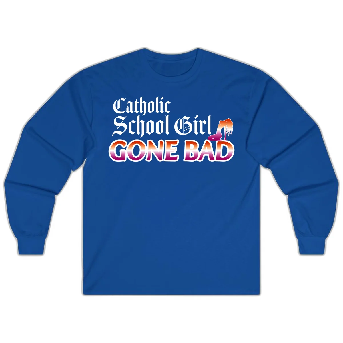 Catholic school girl gone bad design with gothic lettering in orange-to-pink gradient and silhouette figure illustration in Royal