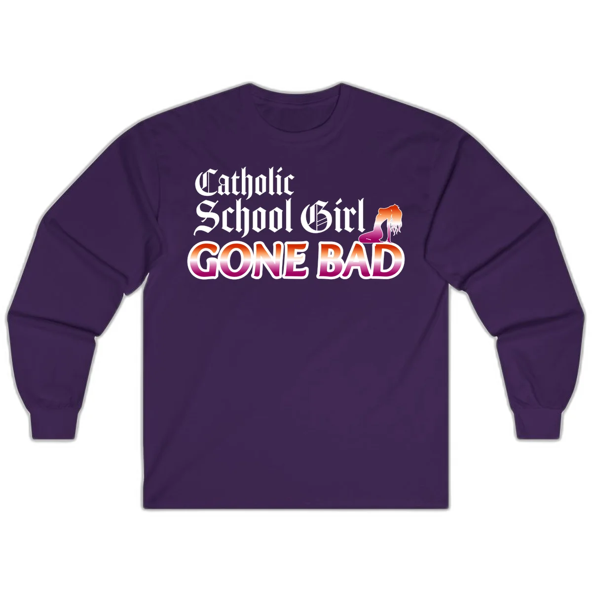 Catholic school girl gone bad design with gothic lettering in orange-to-pink gradient and silhouette figure illustration in Purple