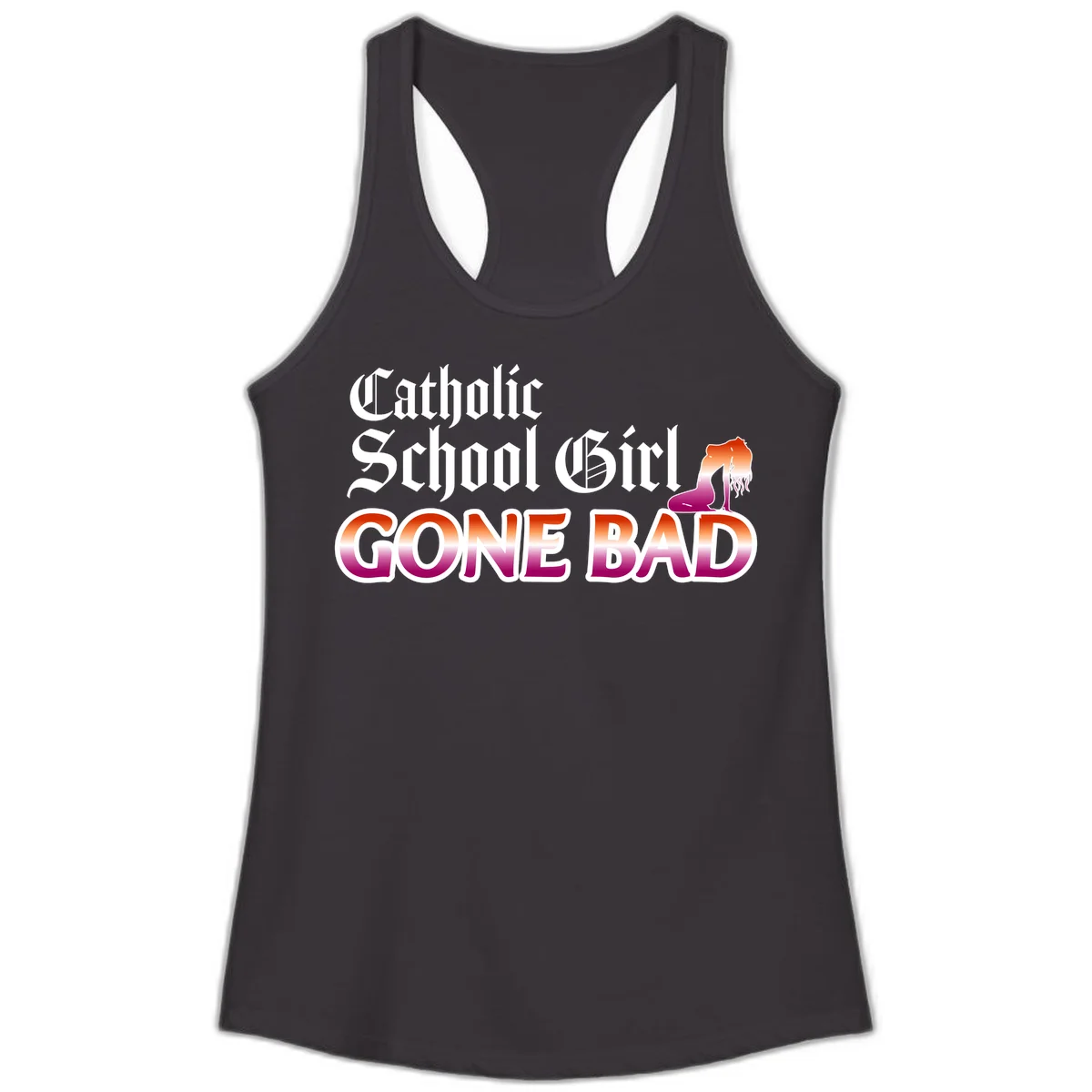 Catholic school girl gone bad design with gothic lettering in orange-to-pink gradient and silhouette figure illustration in Black
