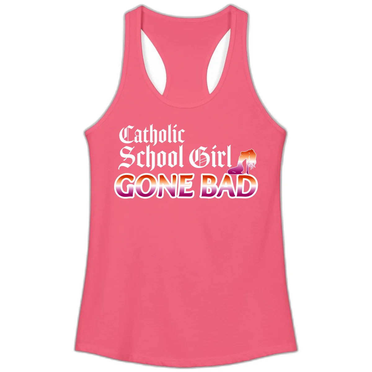 Catholic school girl gone bad design with gothic lettering in orange-to-pink gradient and silhouette figure illustration in Hot Pink