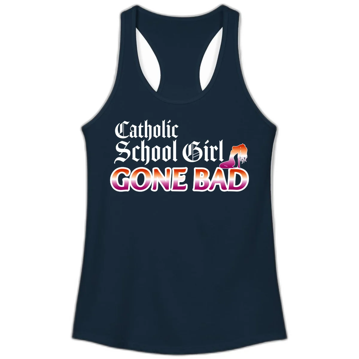Catholic school girl gone bad design with gothic lettering in orange-to-pink gradient and silhouette figure illustration in Solid Midnight Navy