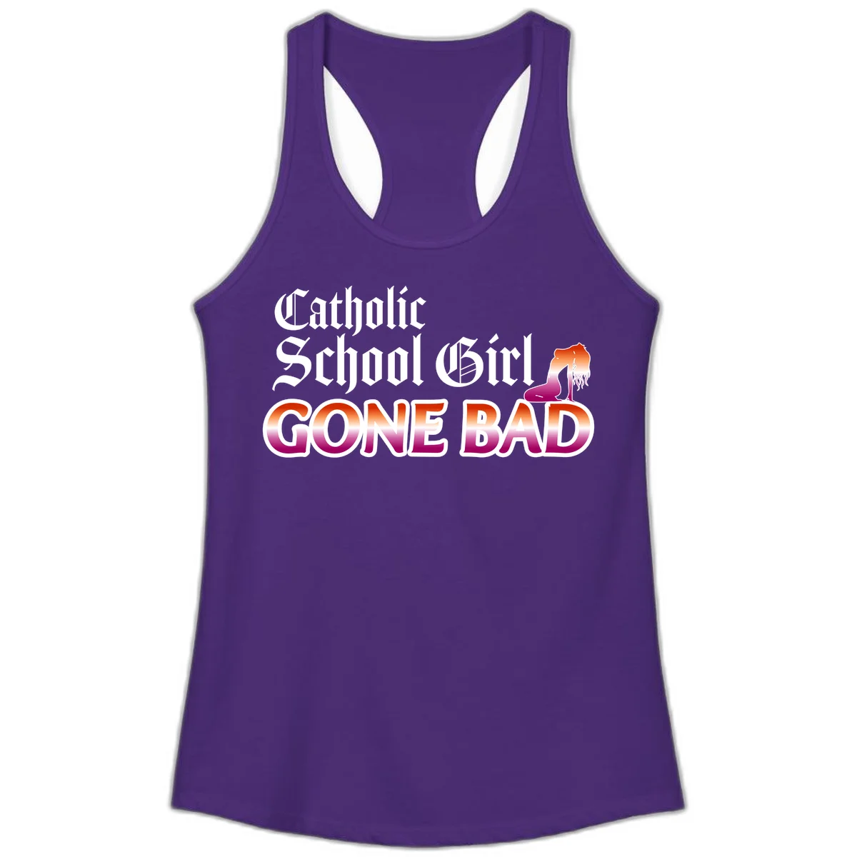 Catholic school girl gone bad design with gothic lettering in orange-to-pink gradient and silhouette figure illustration in Solid Purple Rush