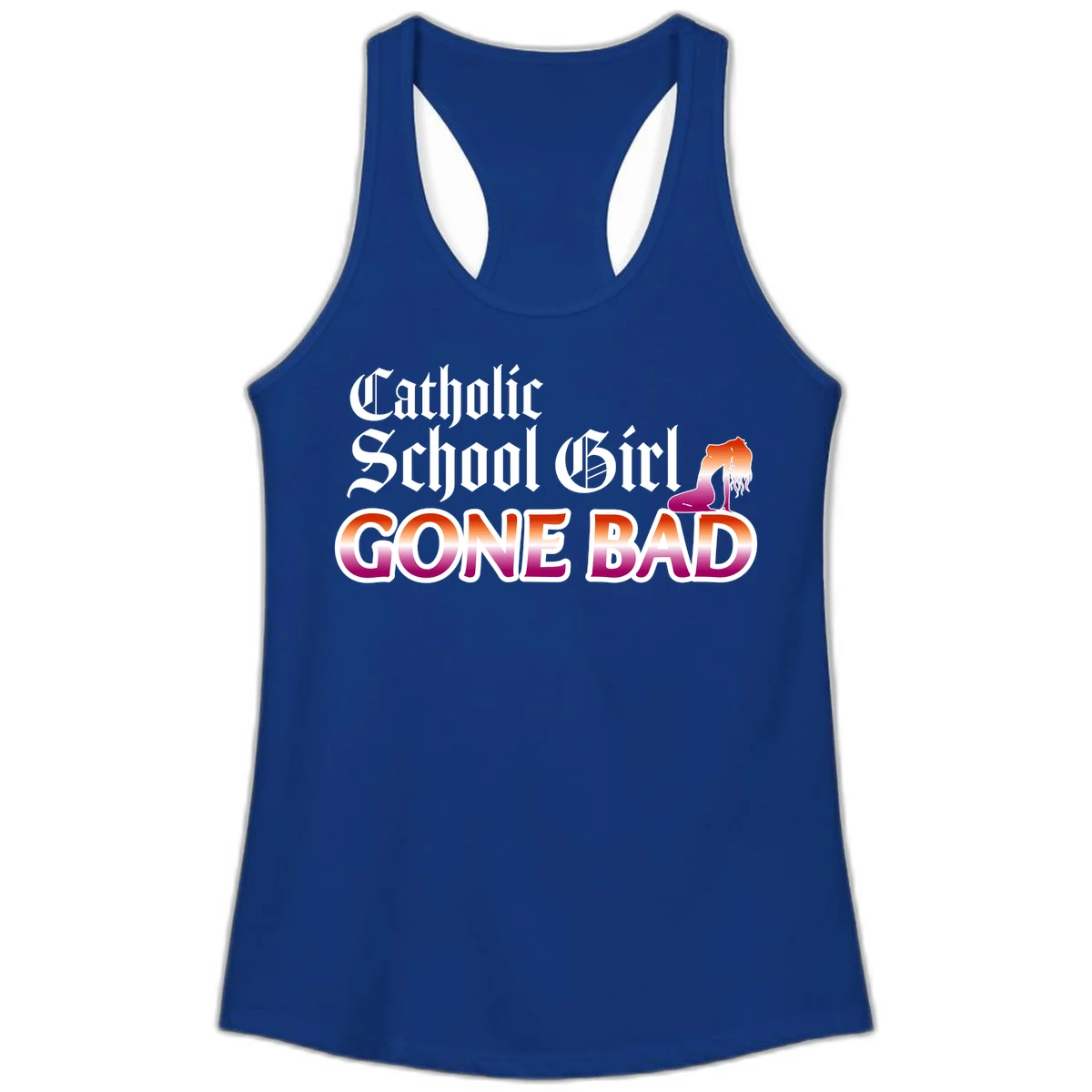 Catholic school girl gone bad design with gothic lettering in orange-to-pink gradient and silhouette figure illustration in Solid Royal