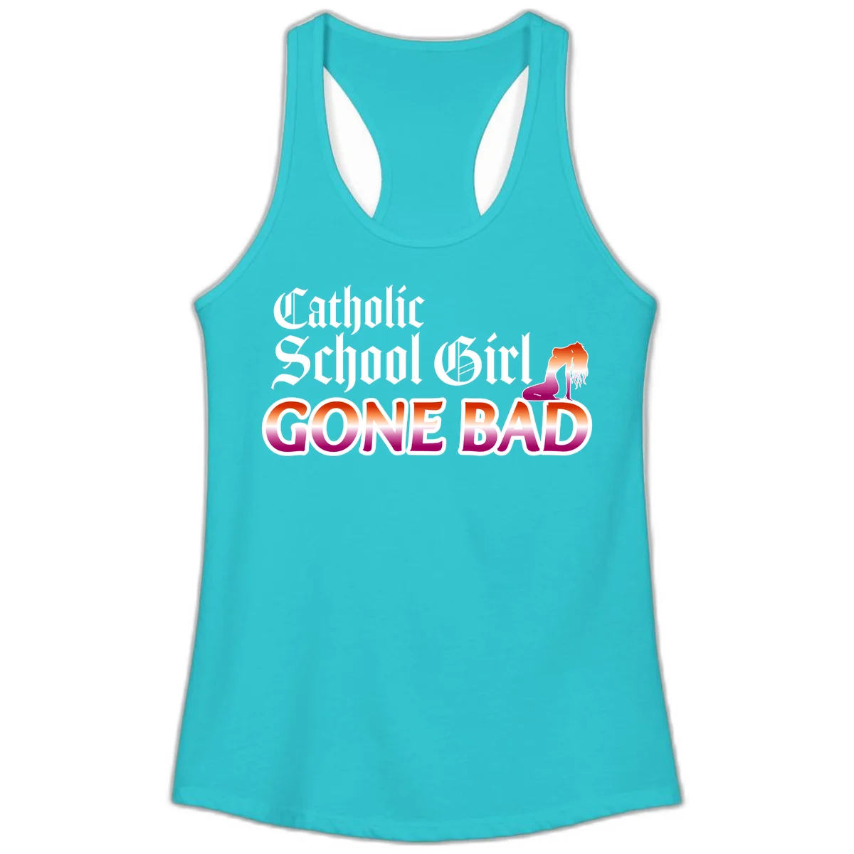 Catholic school girl gone bad design with gothic lettering in orange-to-pink gradient and silhouette figure illustration in Solid Tahiti Blue