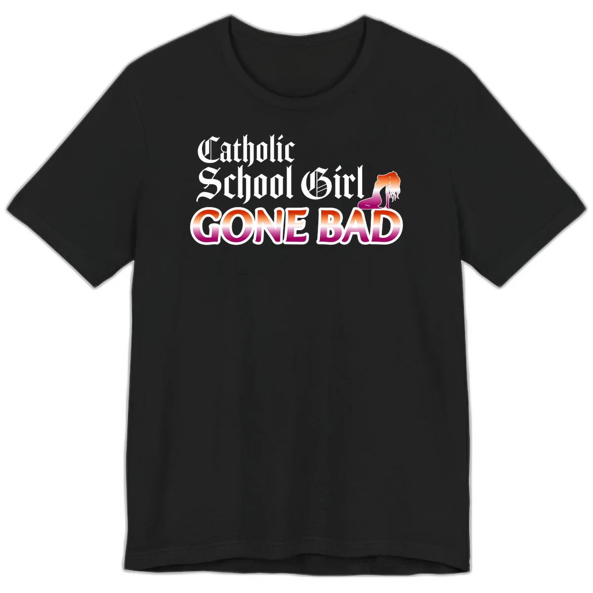 Catholic school girl gone bad design with gothic lettering in orange-to-pink gradient and silhouette figure illustration in Black