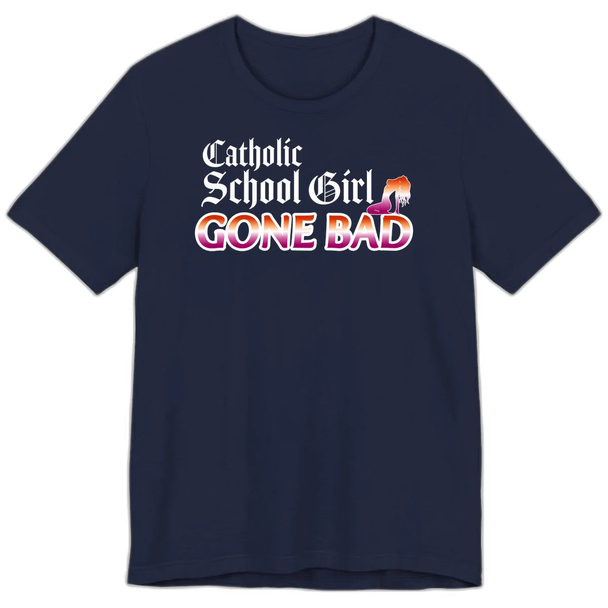 Catholic school girl gone bad design with gothic lettering in orange-to-pink gradient and silhouette figure illustration in Navy