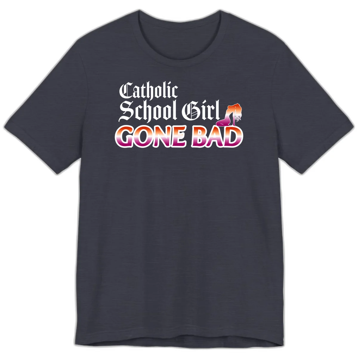 Catholic school girl gone bad design with gothic lettering in orange-to-pink gradient and silhouette figure illustration in Heather Midnight Navy