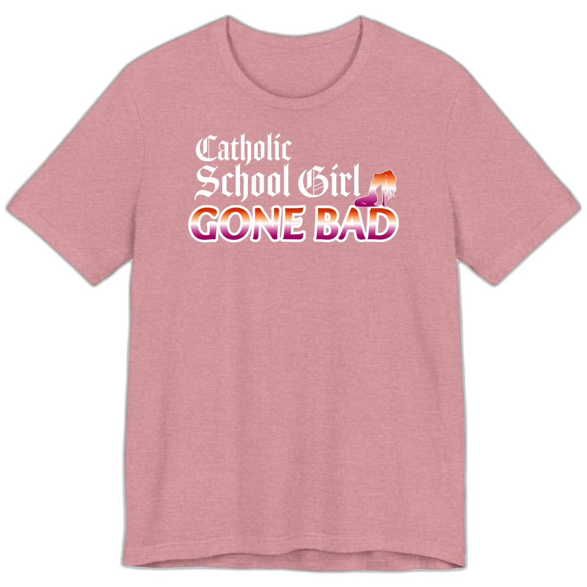 Catholic school girl gone bad design with gothic lettering in orange-to-pink gradient and silhouette figure illustration in Heather Orchid