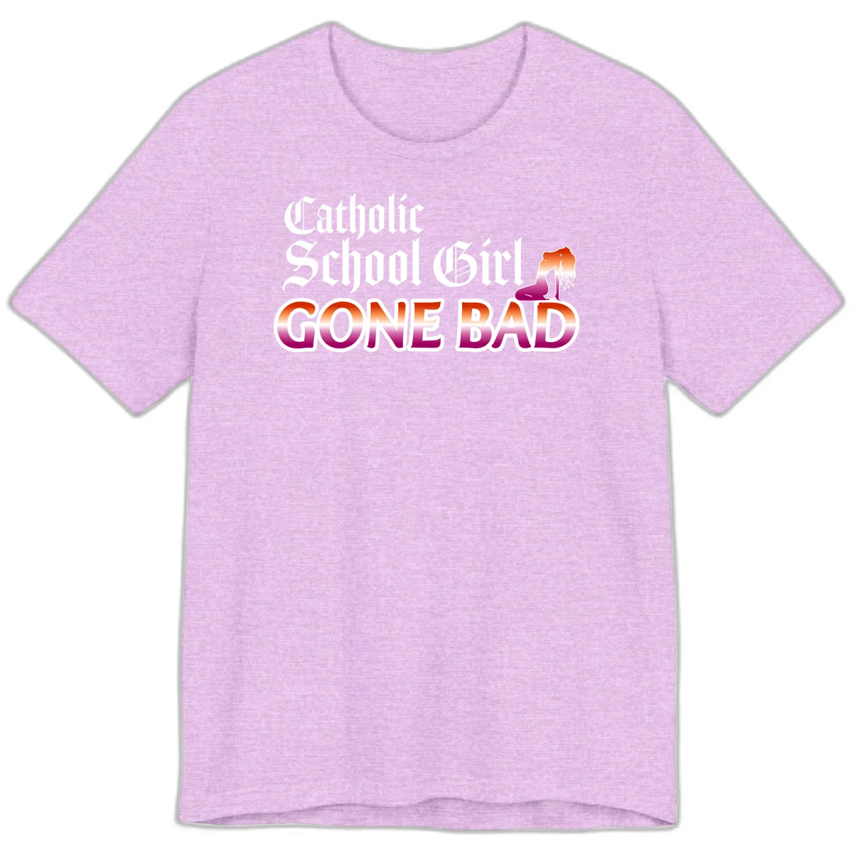 Catholic school girl gone bad design with gothic lettering in orange-to-pink gradient and silhouette figure illustration in Heather Prism Lilac