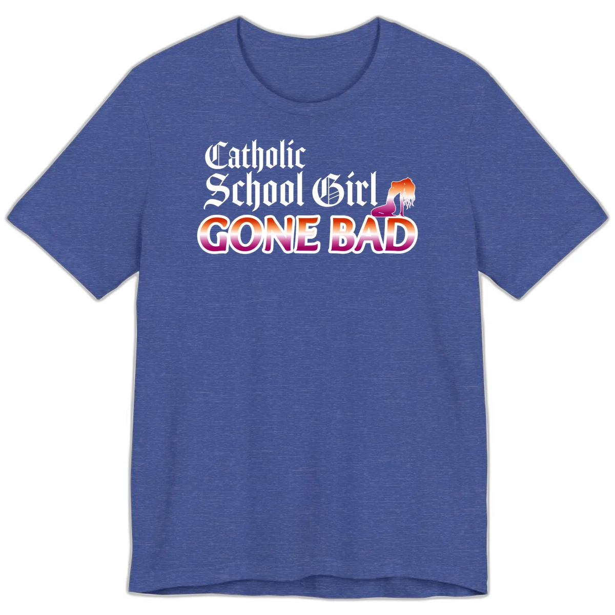 Catholic school girl gone bad design with gothic lettering in orange-to-pink gradient and silhouette figure illustration in Heather True Royal