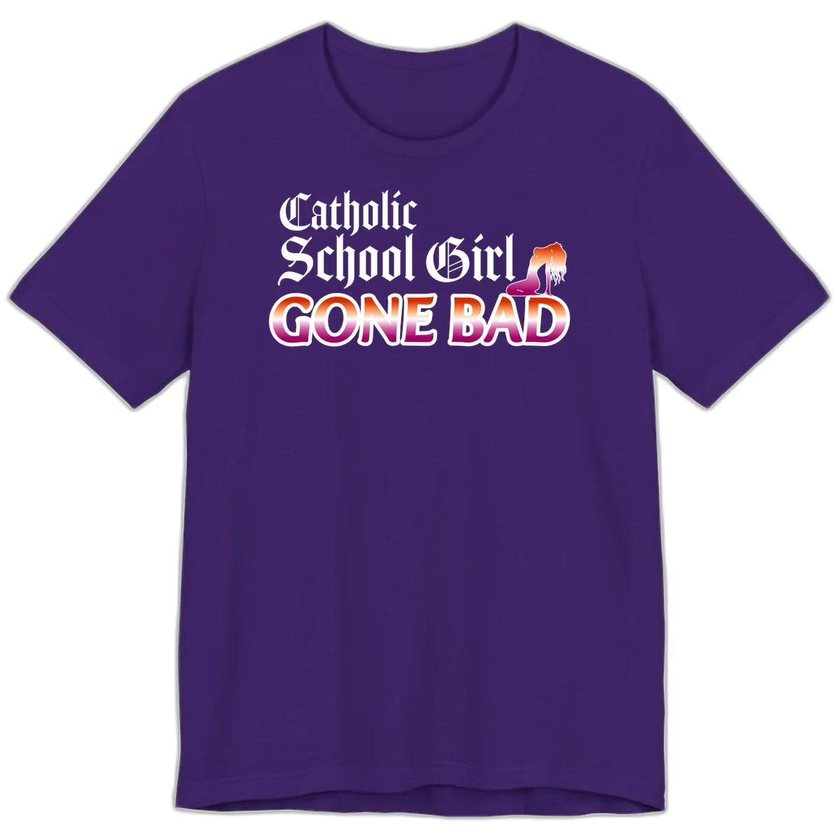 Catholic school girl gone bad design with gothic lettering in orange-to-pink gradient and silhouette figure illustration in Team Purple