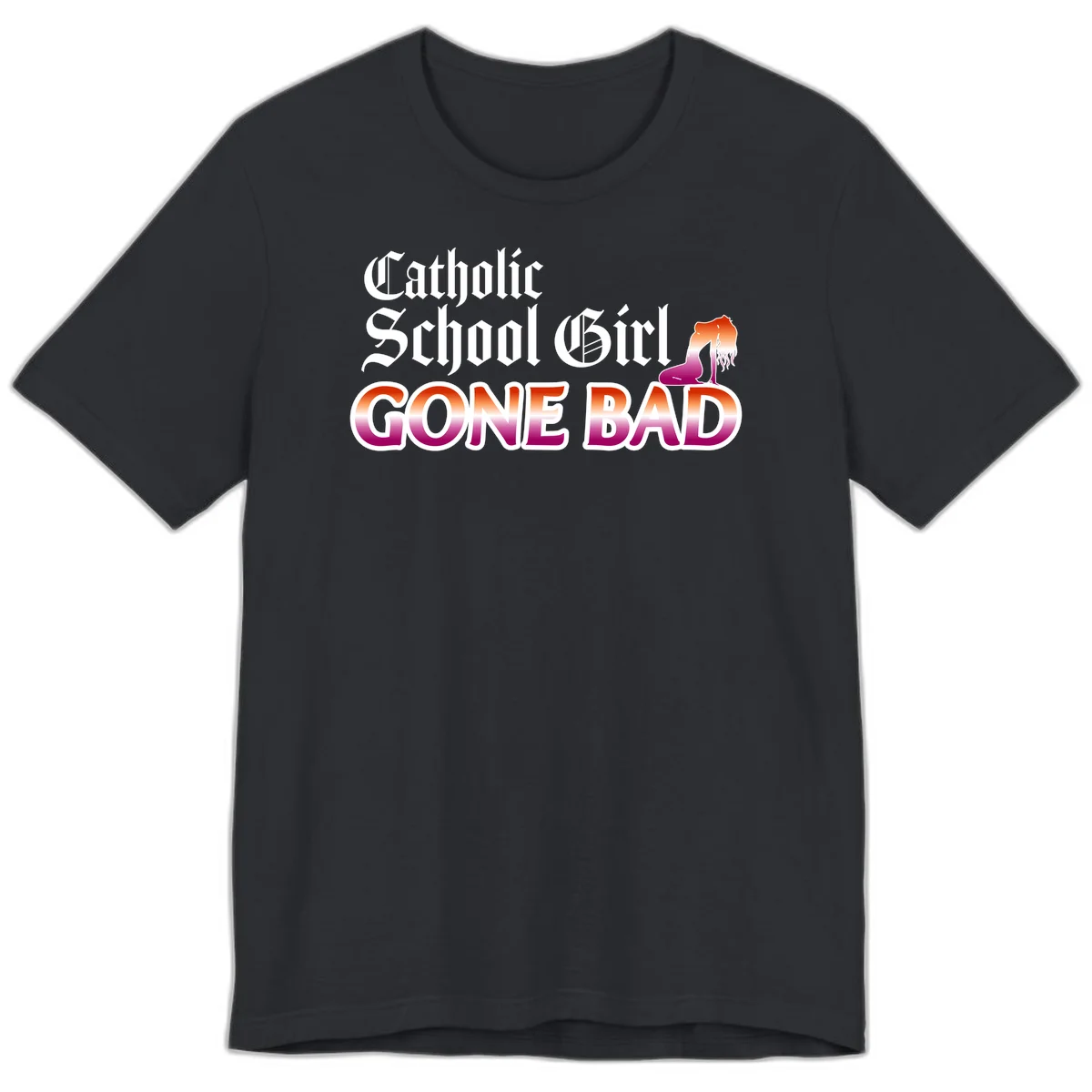 Catholic school girl gone bad design with gothic lettering in orange-to-pink gradient and silhouette figure illustration in Vintage Black