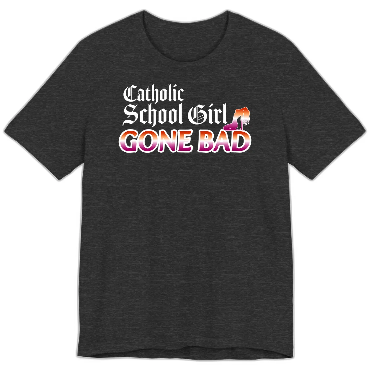 Catholic school girl gone bad design with gothic lettering in orange-to-pink gradient and silhouette figure illustration in Dark Grey Heather