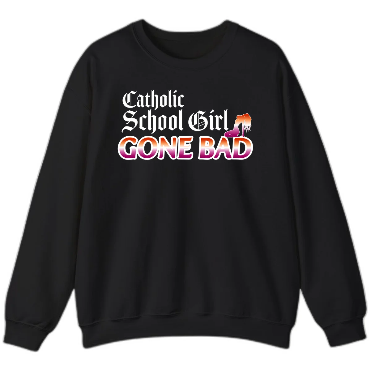 Catholic school girl gone bad design with gothic lettering in orange-to-pink gradient and silhouette figure illustration in Black
