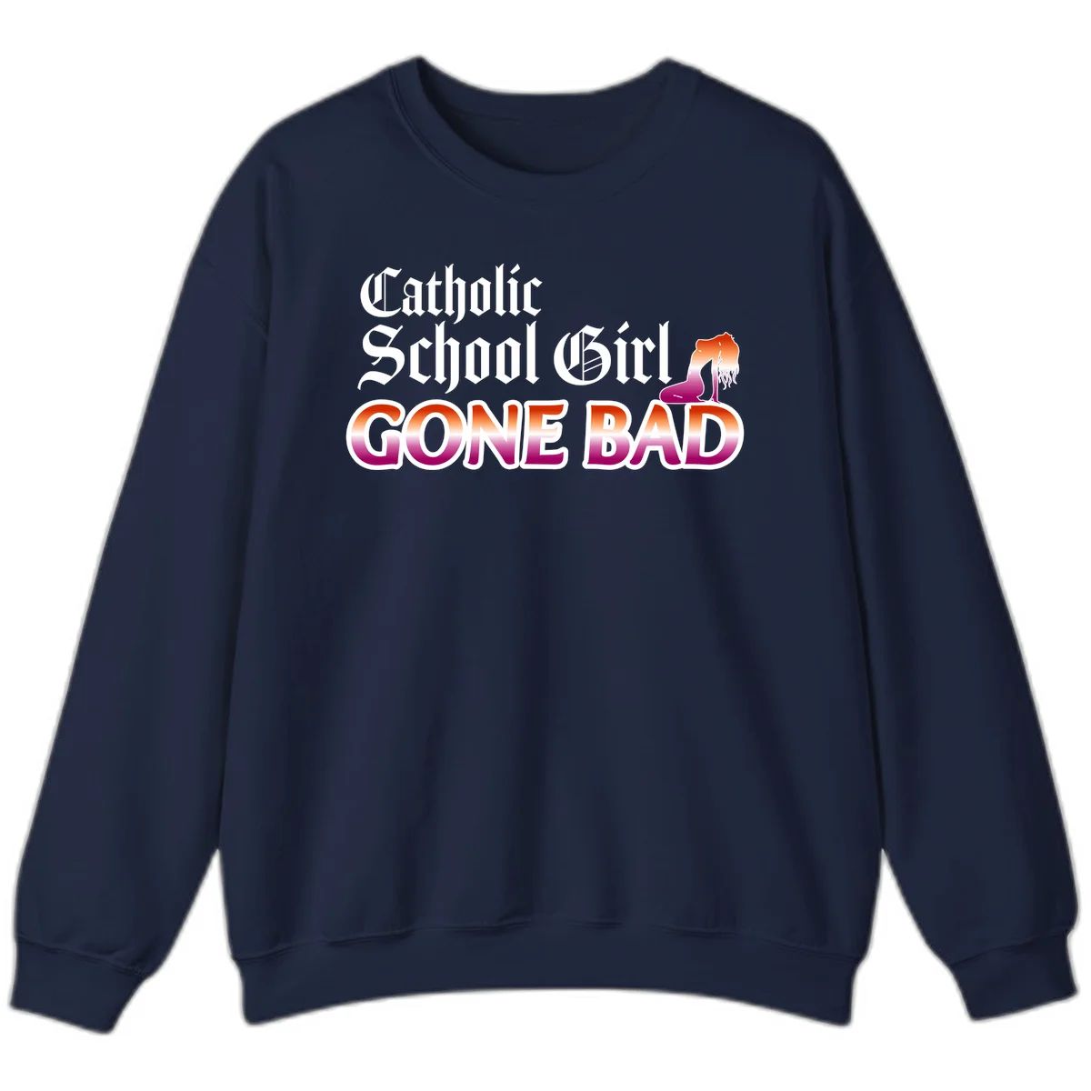 Catholic school girl gone bad design with gothic lettering in orange-to-pink gradient and silhouette figure illustration in Navy