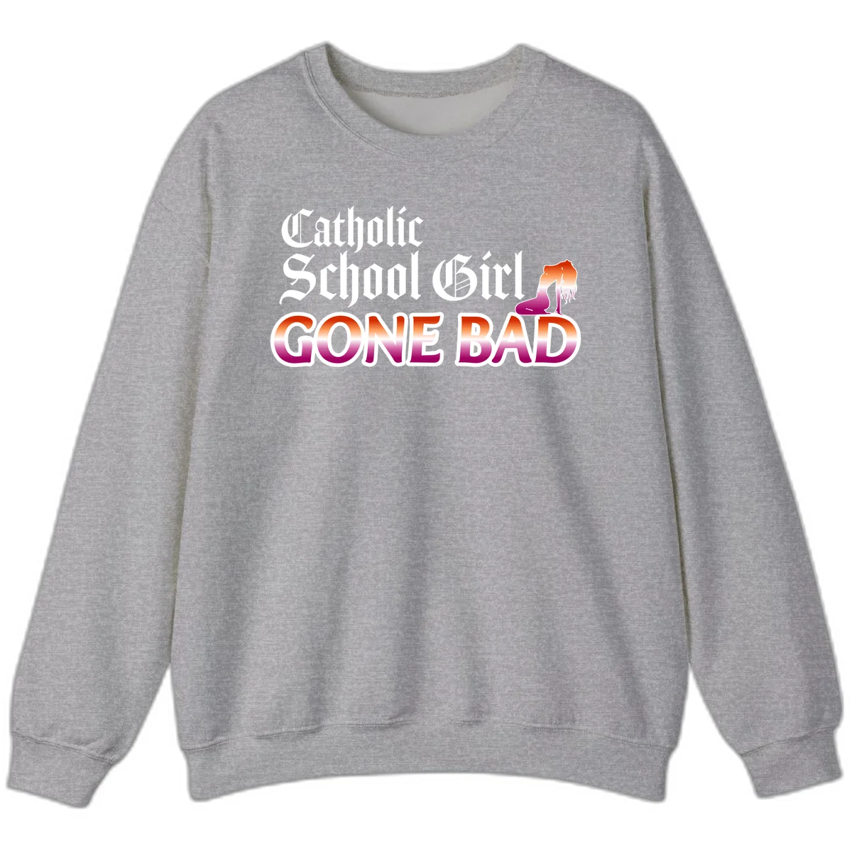 Catholic school girl gone bad design with gothic lettering in orange-to-pink gradient and silhouette figure illustration in Sport Grey