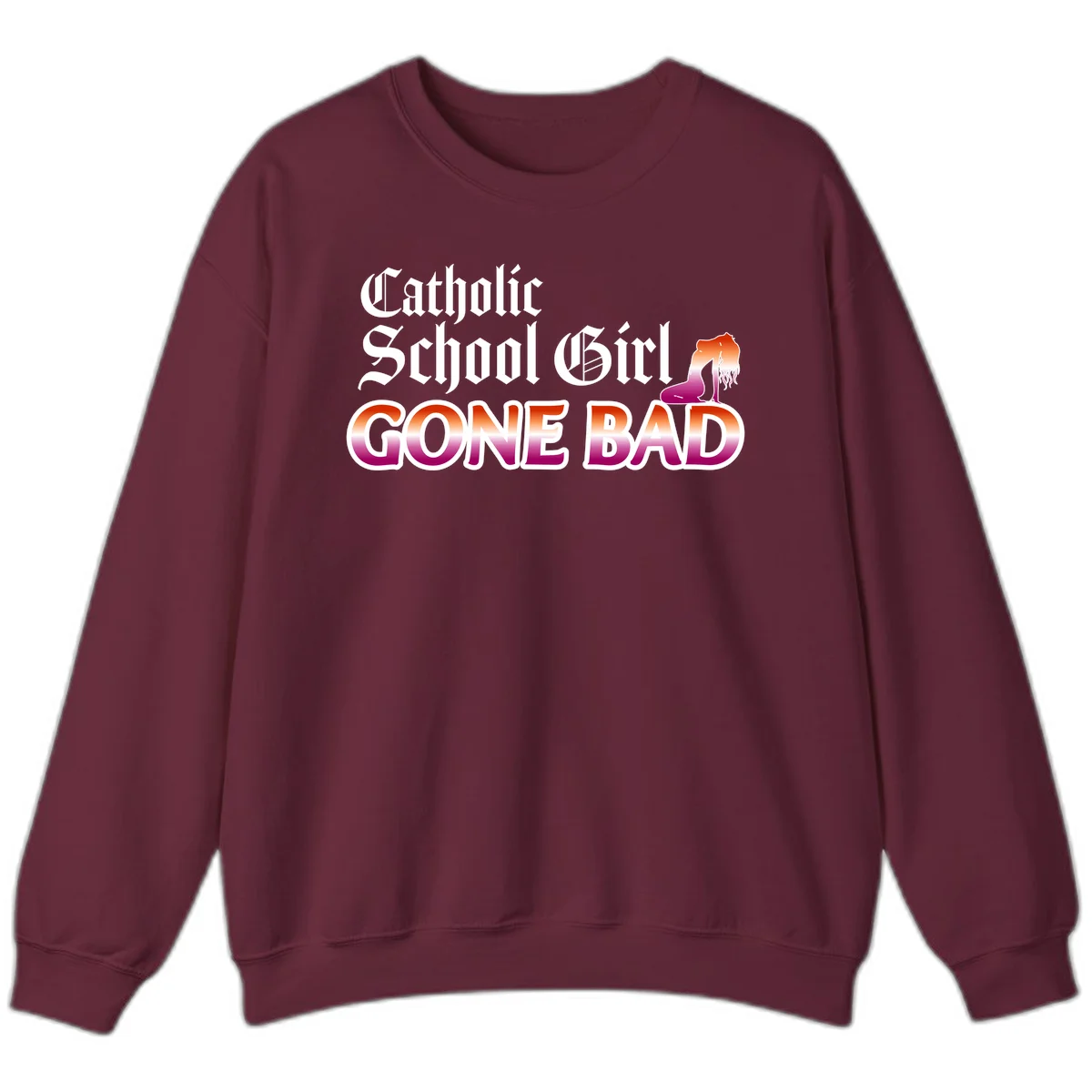 Catholic school girl gone bad design with gothic lettering in orange-to-pink gradient and silhouette figure illustration in Maroon