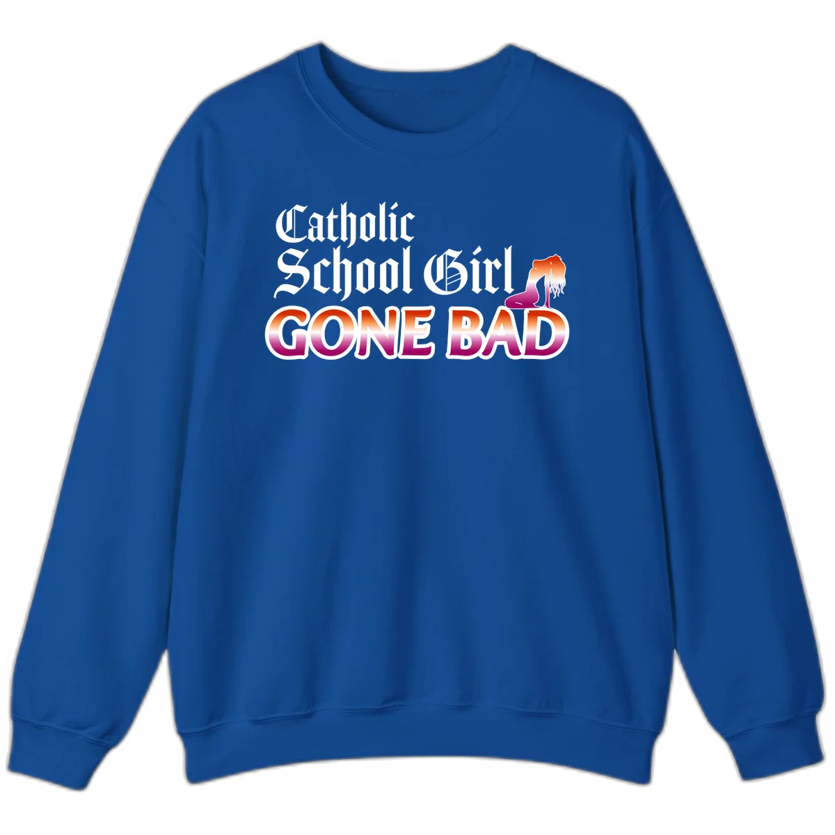 Catholic school girl gone bad design with gothic lettering in orange-to-pink gradient and silhouette figure illustration in Royal