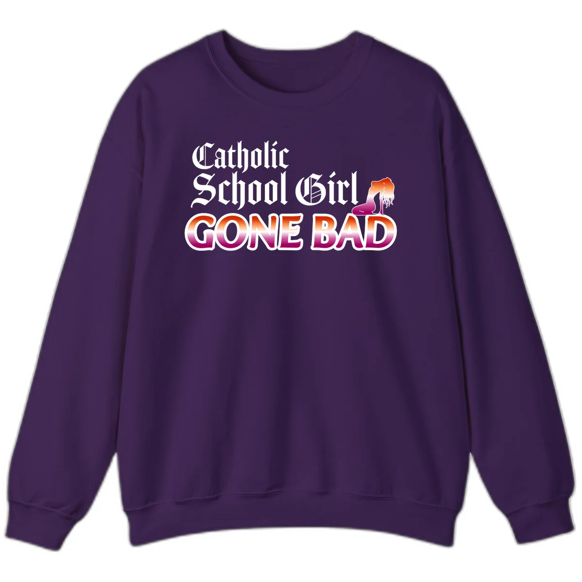 Catholic school girl gone bad design with gothic lettering in orange-to-pink gradient and silhouette figure illustration in Purple