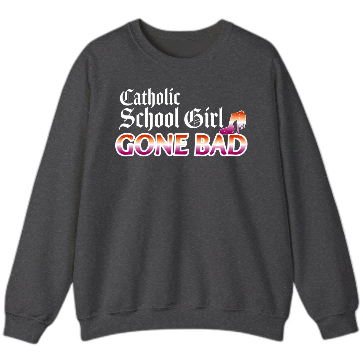 Catholic school girl gone bad design with gothic lettering in orange-to-pink gradient and silhouette figure illustration in Dark Heather