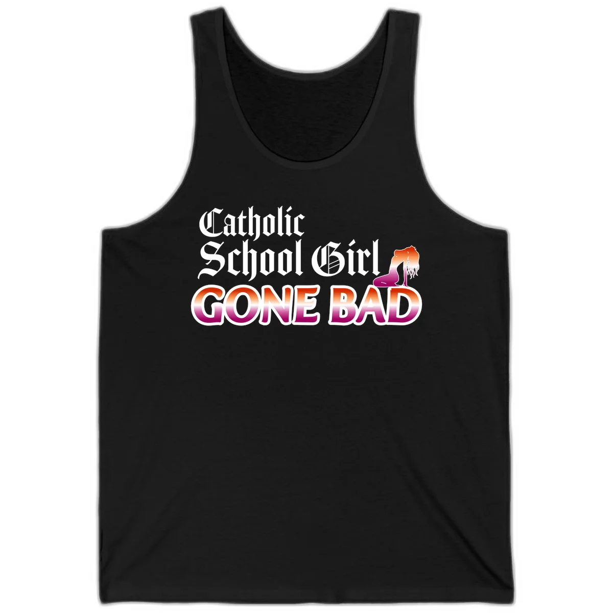 Catholic school girl gone bad design with gothic lettering in orange-to-pink gradient and silhouette figure illustration in Black