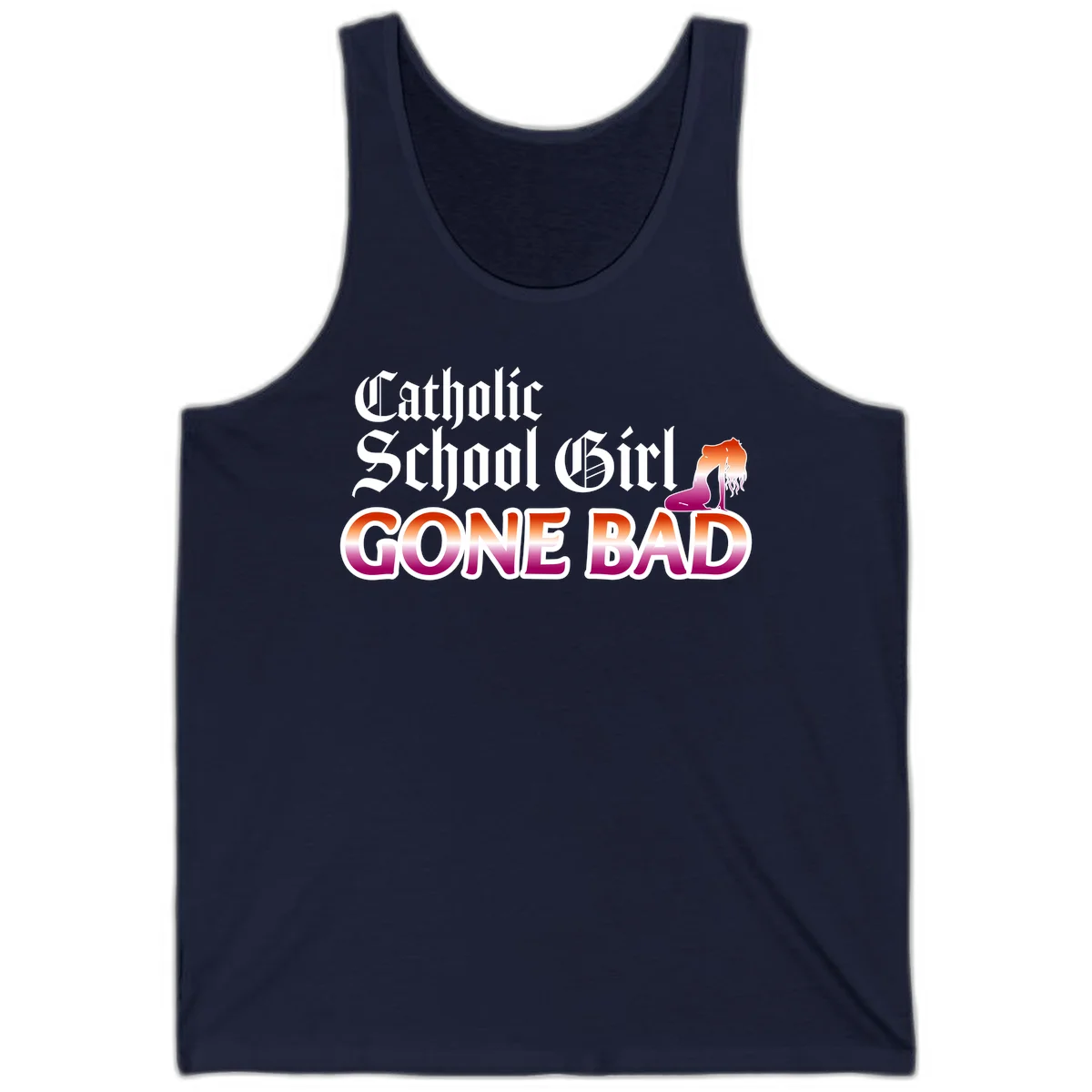 Catholic school girl gone bad design with gothic lettering in orange-to-pink gradient and silhouette figure illustration in Navy