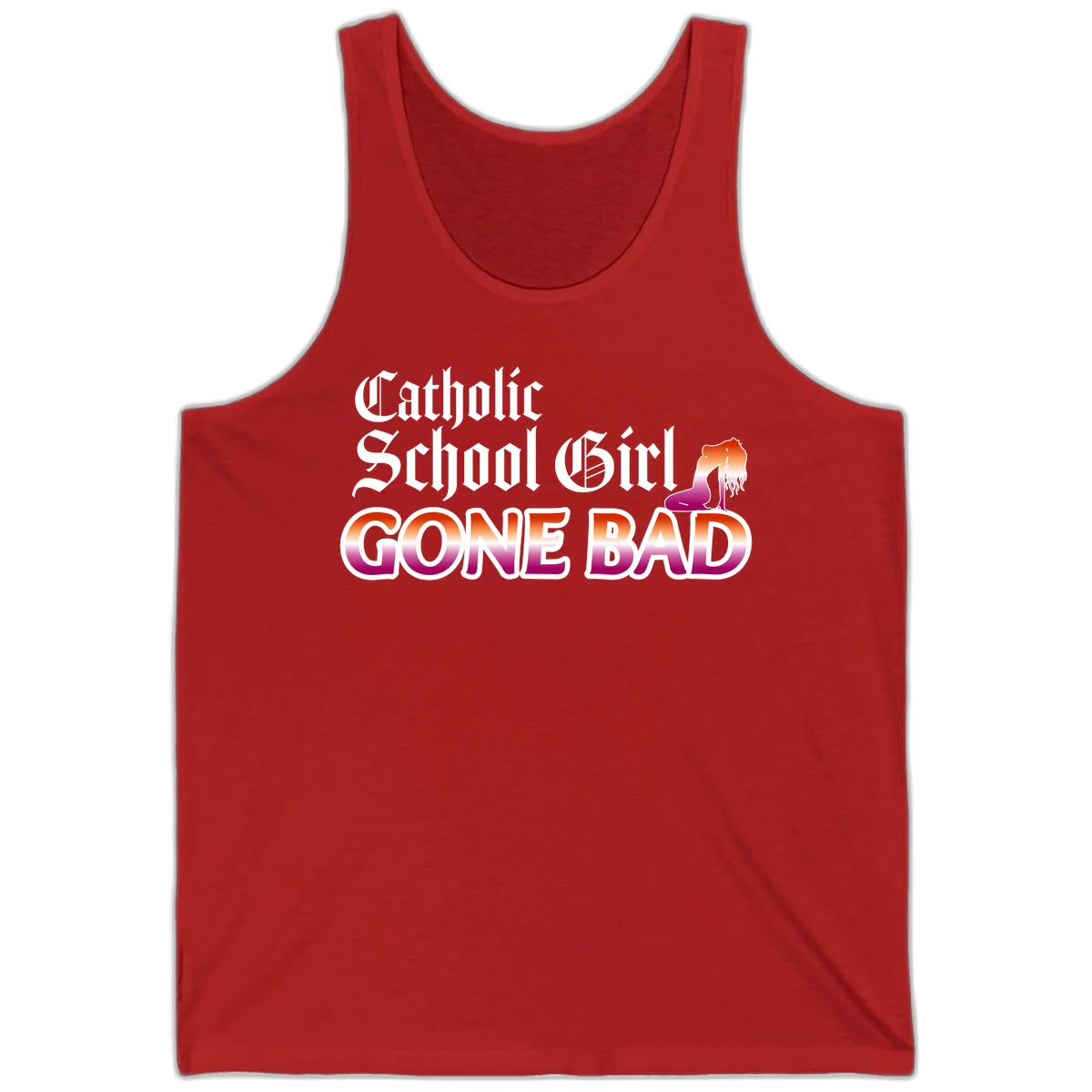 Catholic school girl gone bad design with gothic lettering in orange-to-pink gradient and silhouette figure illustration in Red