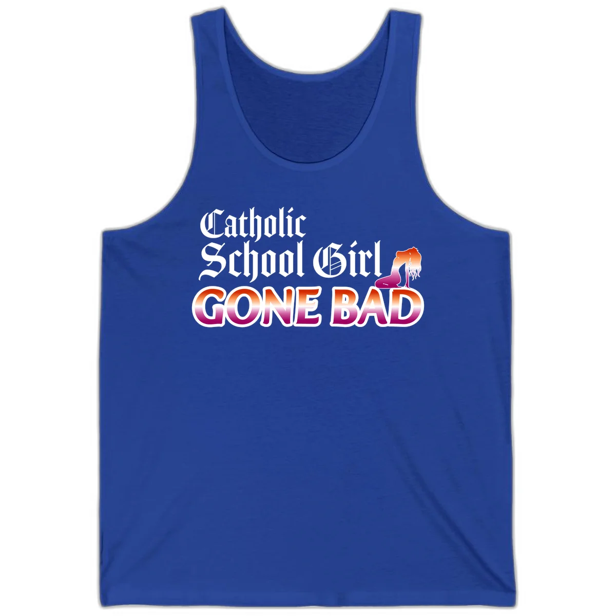 Catholic school girl gone bad design with gothic lettering in orange-to-pink gradient and silhouette figure illustration in True Royal