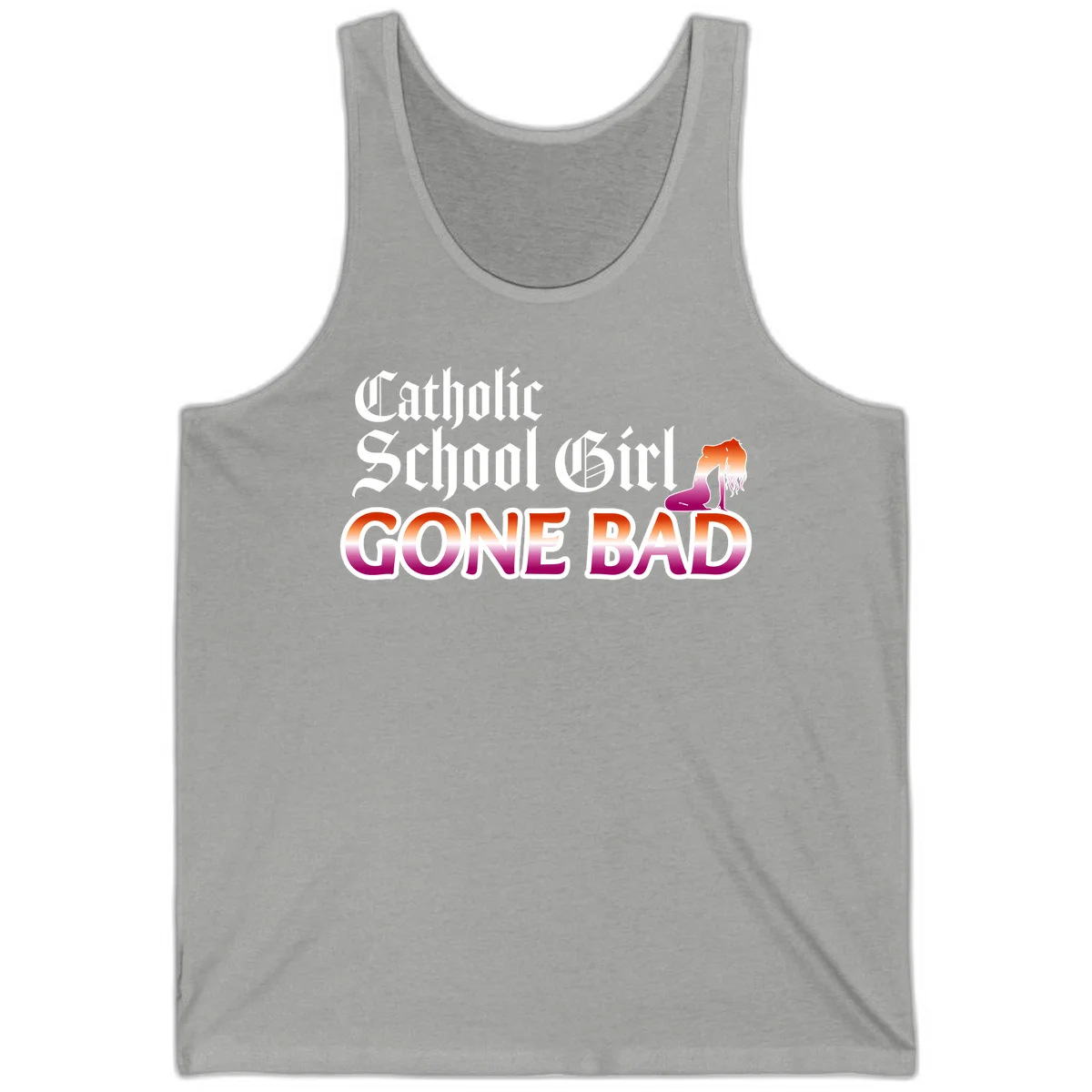 Catholic school girl gone bad design with gothic lettering in orange-to-pink gradient and silhouette figure illustration in Athletic Heather