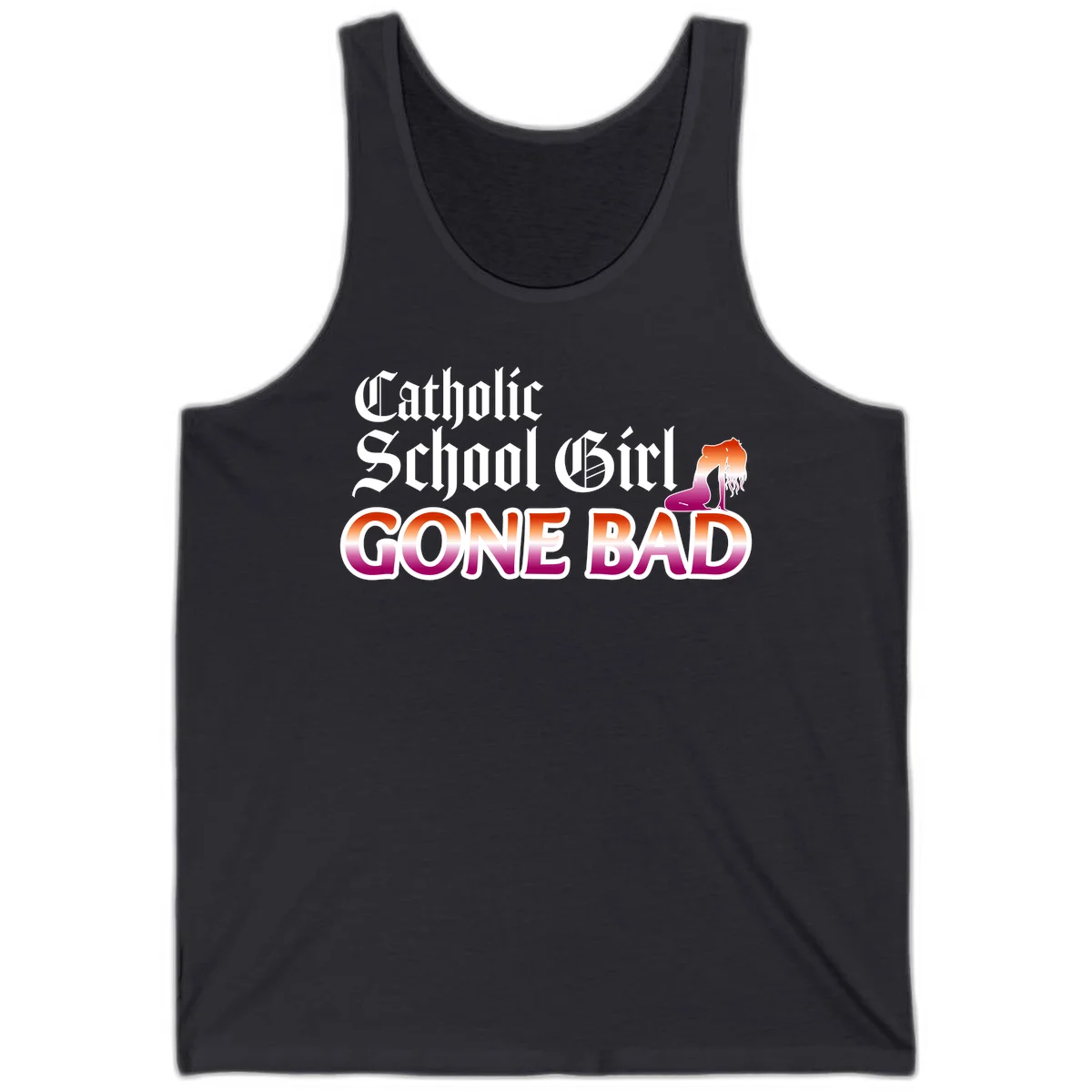 Catholic school girl gone bad design with gothic lettering in orange-to-pink gradient and silhouette figure illustration in Dark Grey