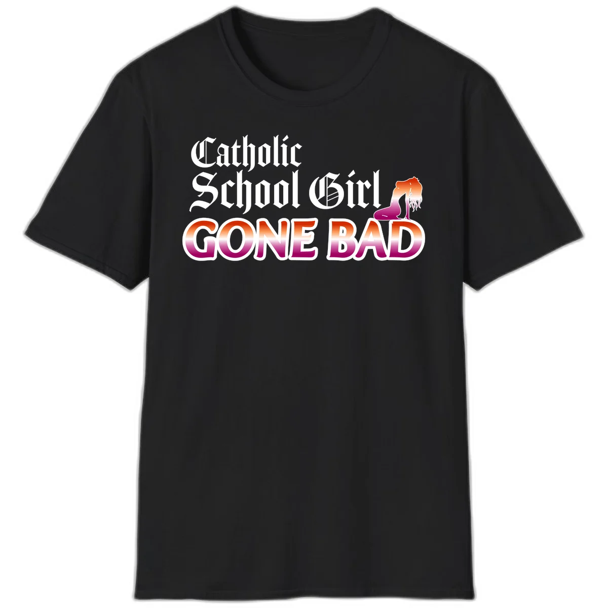 Catholic school girl gone bad design with gothic lettering in orange-to-pink gradient and silhouette figure illustration in Black