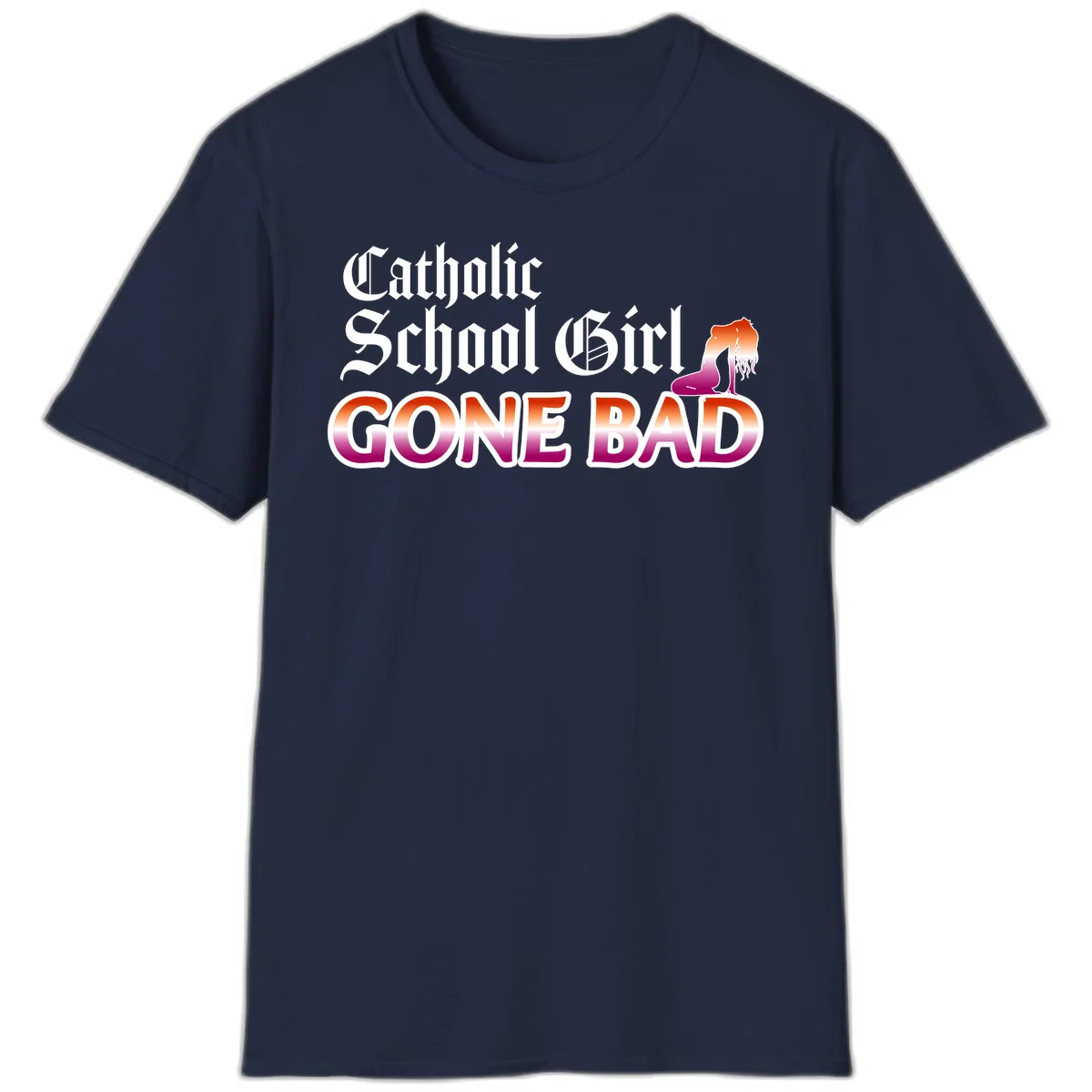 Catholic school girl gone bad design with gothic lettering in orange-to-pink gradient and silhouette figure illustration in Navy