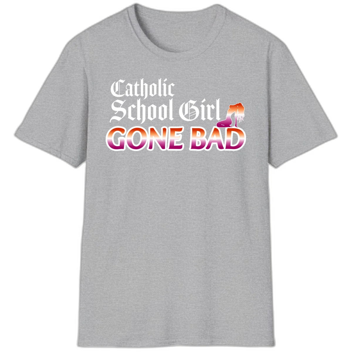 Catholic school girl gone bad design with gothic lettering in orange-to-pink gradient and silhouette figure illustration in Sport Grey