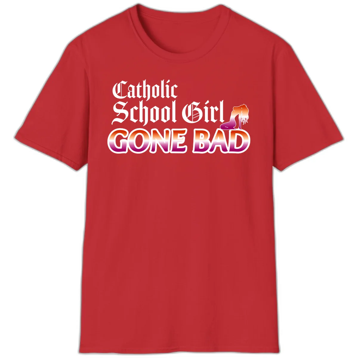 Catholic school girl gone bad design with gothic lettering in orange-to-pink gradient and silhouette figure illustration in Red