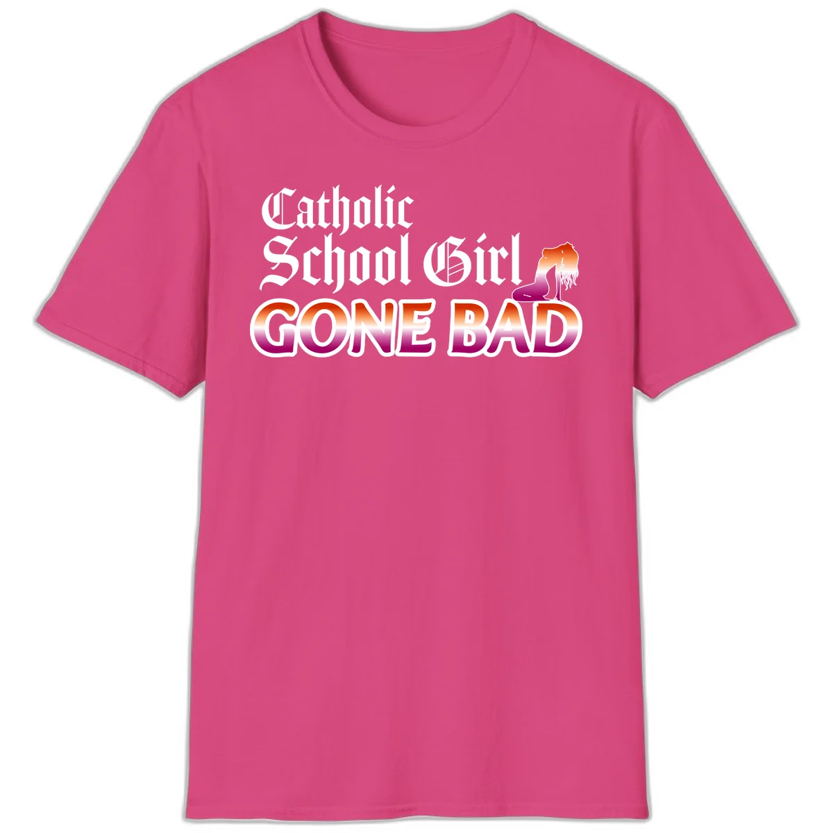 Catholic school girl gone bad design with gothic lettering in orange-to-pink gradient and silhouette figure illustration in Heliconia