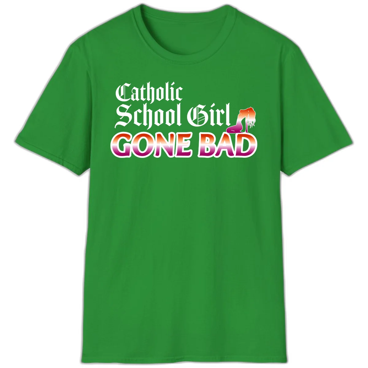 Catholic school girl gone bad design with gothic lettering in orange-to-pink gradient and silhouette figure illustration in Irish Green